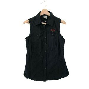 HARLEY DAVIDSON Black Sleeveless Snap Collared Tank Top Women's Small